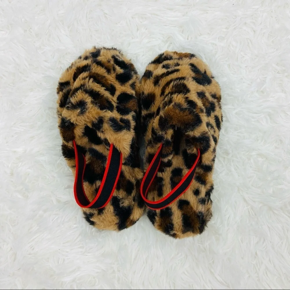 UNBRANDED girls leopard animal print open toe snuggly fleece warm slippers SZ 3
